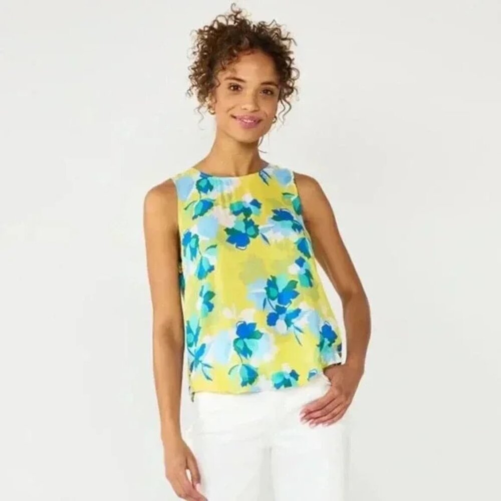 Draper James Yellow Floral Lightweight Tank with Gold Side Buttons - NWT!